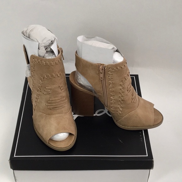 TAN DISTRESS PEEP-TOES BOOTIES - Picture 4 of 8